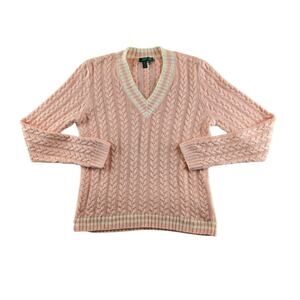 Lauren Ralph Lauren Pink Cable Knit V-Neck Sweater Linen Cotton Size XL Preppy